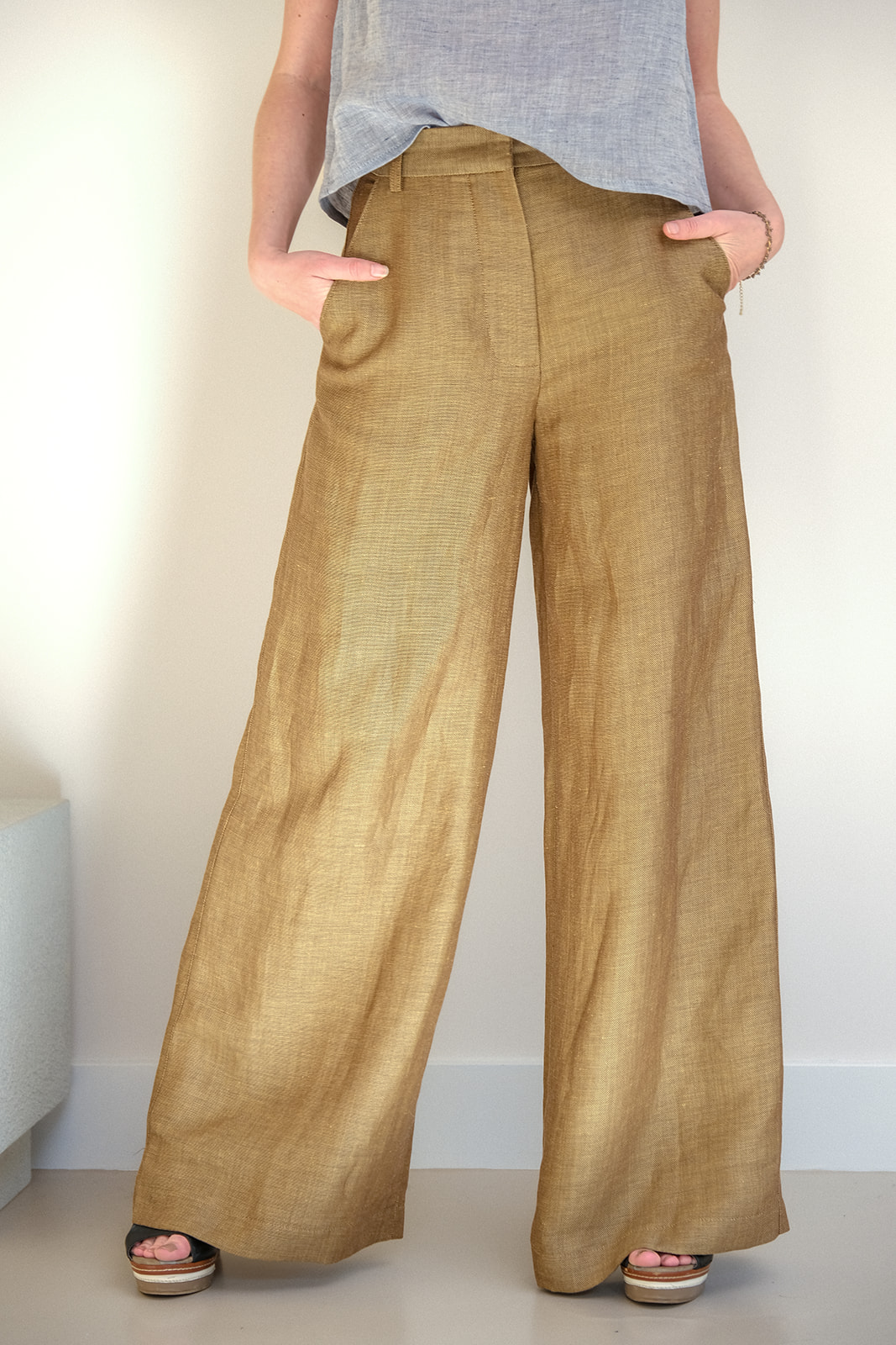 Luxe bruine gemêleerde pantalon dames MOISE wol linnen.