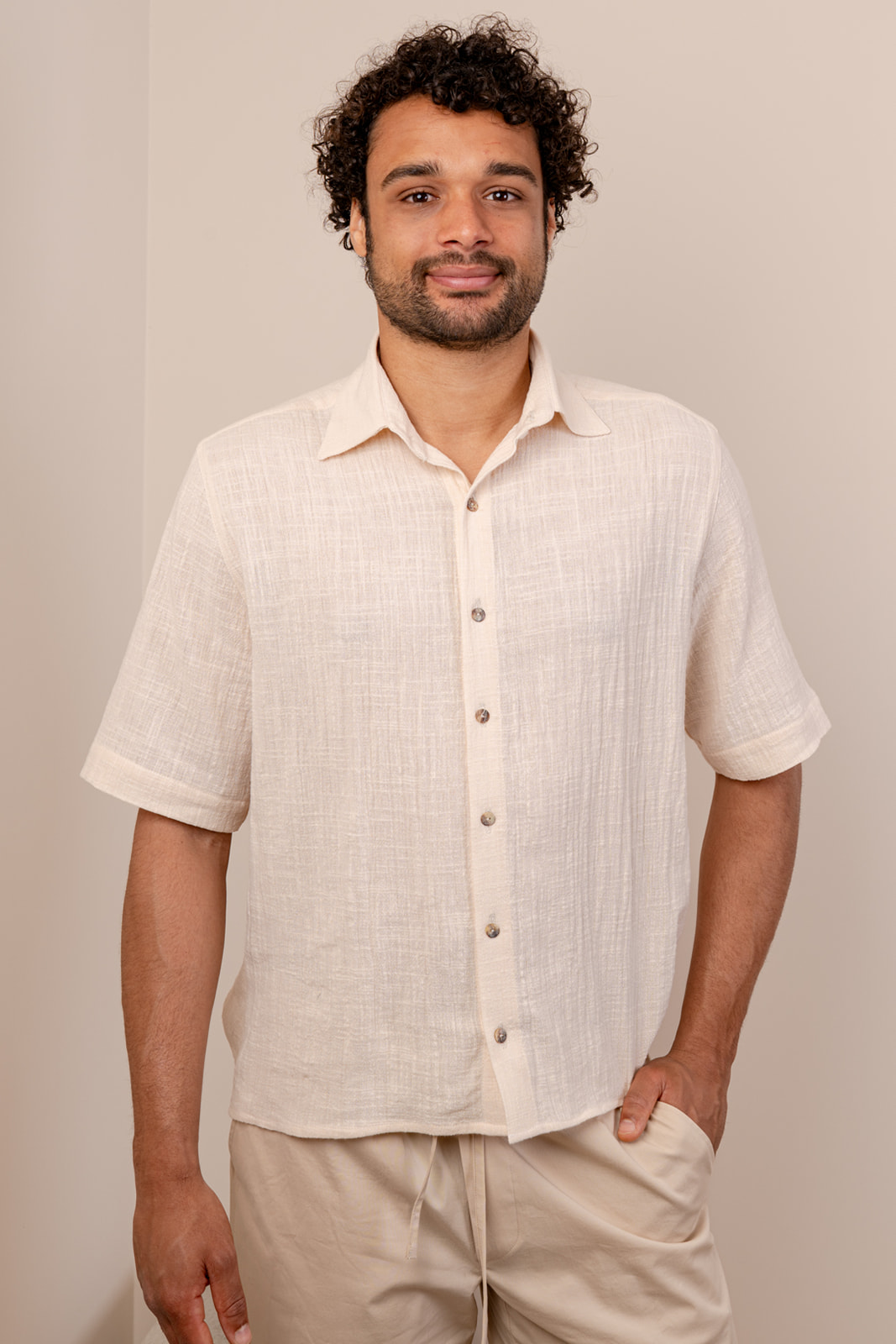 crème katoenen blouse klassieke pasvorm